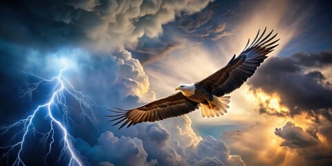 Wall Mural - A majestic eagle soars high above a swirling thunderstorm with lightning illuminating its wings , clouds, flight