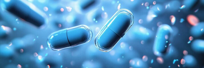 Poster - Pills surround and target bacteria, highlighting advancements in medical science and treatment. Generative AI