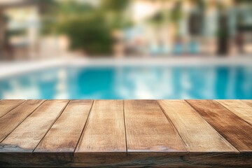 Canvas Print - Wooden table, poolside, summer resort, blurred background, product display