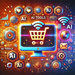 Poster - A vibrant display of digital icons and graphics illustrates the integration of AI tools in e-commerce. Features include a shopping cart symbolizing online shopping amid technology-related elements.