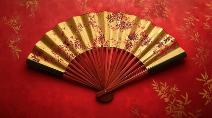 Poster - large bamboo woven fan with auspicious gold patterns and a bold red frame, perfect for New Year decorations.
