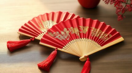 Poster - pair of bamboo woven fans featuring red tassels and golden prosperity symbols, styled for festive elegance.