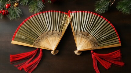 Poster - pair of bamboo woven fans featuring red tassels and golden prosperity symbols, styled for festive elegance.