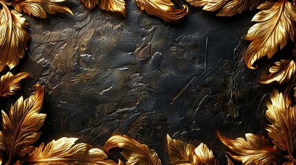 Poster - Golden leaves frame a textured dark surface, perfect for backgrounds in design projects. The rich colors enhance elegance and create a striking visual appeal for any creative endeavor. Copy space