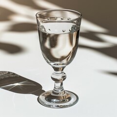 Poster - A clear glass containing water captures reflections and shadows on a smooth surface. The play of light enhances the glass's design, creating an artistic visual effect in a serene setting.