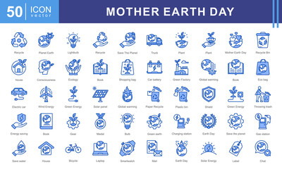 Poster - Mother Earth Day icon collection set. Containing solar panel, save the planet, sprout, recycle, green factory, water faucet, plant and green earth icon.