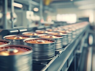 Wall Mural - Canned food moving on a conveyor belt. AI.