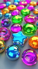 Wall Mural - Colorful shiny gems scattered on a surface. AI.