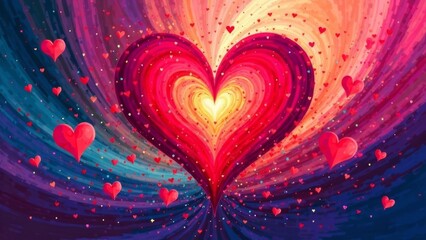 Poster - A vibrant heart illustration features dynamic swirling patterns in shades of red, pink, and orange. Smaller hearts radiate outward, creating a sense of movement and affection in the artwork.