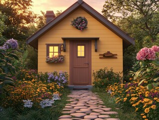 Wall Mural - Cozy cottage nestled in a blooming garden. AI.