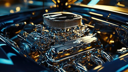 Poster - Shiny Chrome Engine Detail Under Bright Studio Lighting