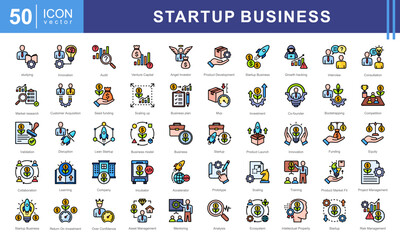 Poster - Startup Business icon collection set. Containing project, entrepreneur, company, business, management, development, collaboration icon.