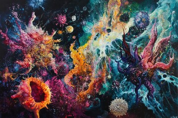 Aufkleber - Visual representation of a virus transformation and mutation in a vibrant cosmic environment. Generative AI