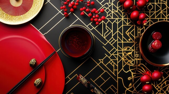Stylish Chinese New Year Invitation 2025 with geometric gold patterns, elegant red accents, and bold calligraphy.