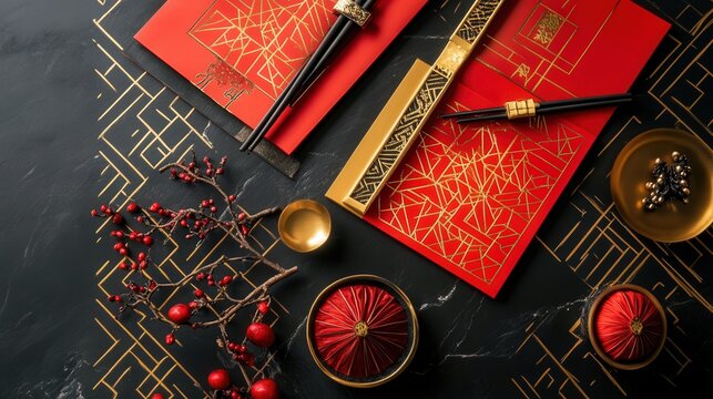 Stylish Chinese New Year Invitation 2025 with geometric gold patterns, elegant red accents, and bold calligraphy.