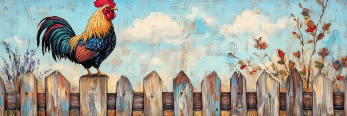 Poster - Colorful rooster stands proudly on a rustic wooden fence against a bright blue sky with fluffy clouds. Generative AI