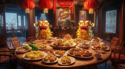 Wall Mural - Chinese New Year set with gold lion dancers performing in the background, red paper lanterns hanging from the ceiling, and a lavish feast of dumplings, noodles