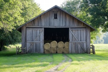 Poster - Weathered barn with open doors showcasing bundles of hay surrounded by lush greenery under bright daylight. Generative AI