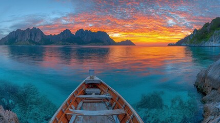 Wall Mural - Boat view of mountains, sunset.