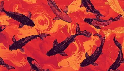 Poster - Dynamic Koi Fish in Vibrant Orange and Red Water