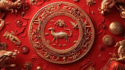 Wall Mural - Chinese New Year 2025 sign with a red and gold theme, highlighting zodiac animals and auspicious symbols of luck