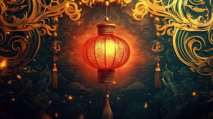 Wall Mural - Chinese New Year 2025 invitation sign with a glowing lantern centerpiece, surrounded by intricate golden patterns