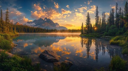 Wall Mural - Tranquil sunrise over misty mountain lake with colorful sky and reflection