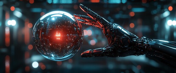 Poster - Robotic hand holding glowing sphere in futuristic setting.