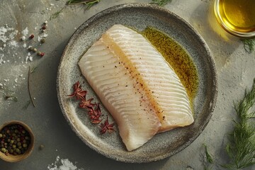 Wall Mural - Fresh cod fillet seasoned with herbs and oil on a plate.