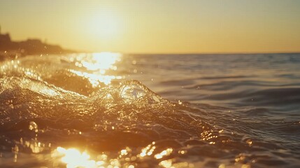 Poster - Golden sunset ocean wave close-up.