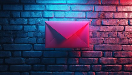 Poster - Pink envelope on brick wall with neon lighting.