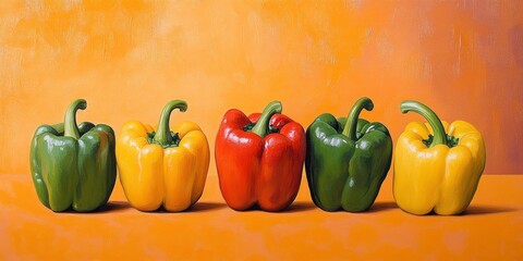 Wall Mural - Still life of five bell peppers in red, green, and yellow, arranged in a row against a vibrant orange background.