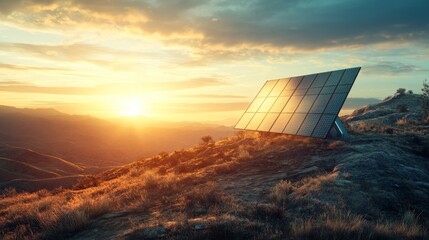 Wall Mural - Solar panel in desert at sunrise with golden sky and rolling hills in background