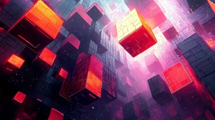 Poster - Abstract Cyberpunk Cityscape: Glowing Cubes and Digital Structures in a Futuristic World