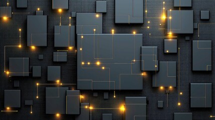 Poster - Abstract Network: Dark Squares, Golden Lines, Digital Connections, Modern Geometric Design, Futuristic Technology Background