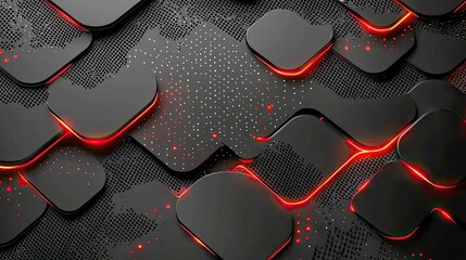 Poster - Abstract Red Neon Geometric Shapes on Black Background - Futuristic Technology Wallpaper