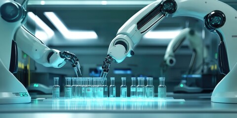 Aufkleber - A futuristic lab showcases robotic arms managing flasks and pipettes, preparing reagents for a pharmaceutical study.