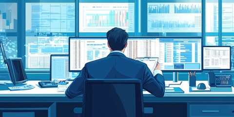 Poster - A financial manager is compiling the annual report at a desk filled with spreadsheets and charts, dressed in formal office attire within a high-tech interior.
