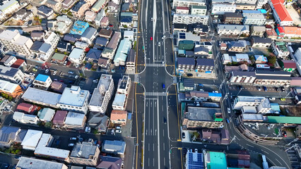 Fototapete - road, traffic, automobile, aerial view, landscape, city, drone, bird eye view, society, drive, safety, technology, construction, logistics, intersection, speed, high angle, perspective, panorama, scen