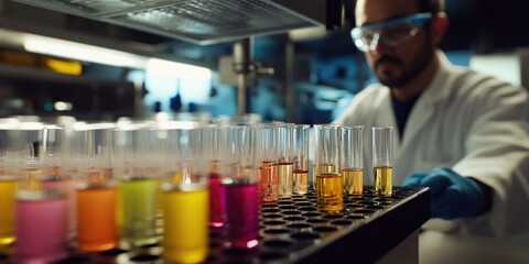 Wall Mural - a laboratory scene emphasizes a rack of test tubes filled with liquids of various colors, with a sci