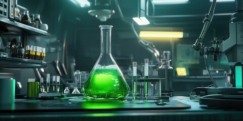 Poster - A laboratory scene highlights a flask bubbling with green liquid, surrounded by sophisticated scientific equipment.