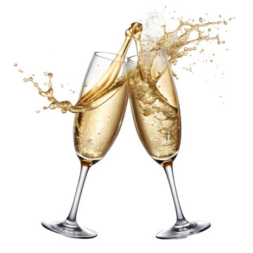 two champagne glasses clinking together in a celebratory toast bubbles rising from the effervescent liquid symbolizing joy success and jubilation against a transparent background