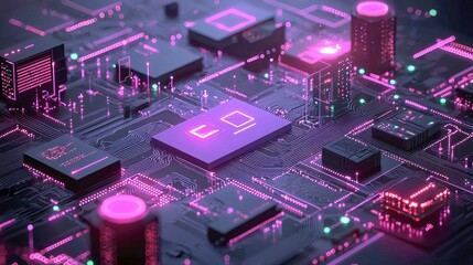 Poster - Close-up view of a futuristic circuit board, showcasing intricate details and vibrant neon lighting. A captivating blend of technology and art.
