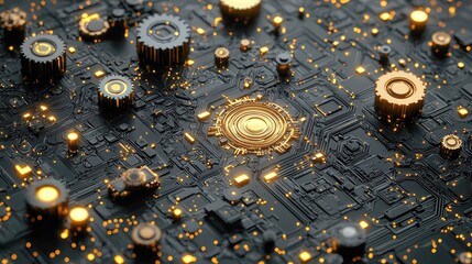Poster - Close-up view of a circuit board with golden gears and glowing elements. Abstract technology background, perfect for tech presentations and digital art projects.