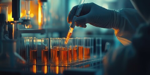 Poster - A scientist uses a pipette to introduce a drop of orange liquid into a series of test tubes, with detailed lab equipment visible.
