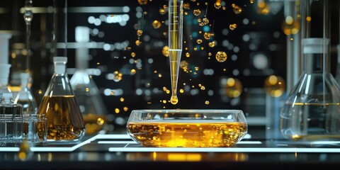 Wall Mural - A high-tech lab displays a detailed shot of a dropper releasing yellow liquid into a beaker, alongside other scientific equipment.