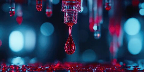 Poster - A close-up features a droplet of red liquid hanging from a pipette, within a detailed lab setting.