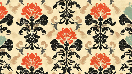 Wall Mural - The image depicts a vintage wallpaper pattern with a beige background adorned with black floral designs and orange and beige accents