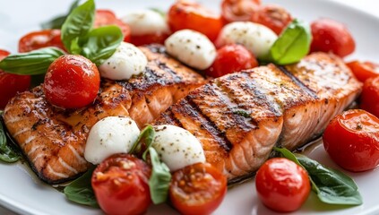 Wall Mural - Grilled salmon fillets with cherry tomatoes, mozzarella, and basil.