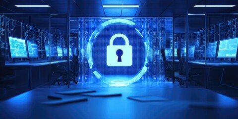Fototapete - A secure data encryption software interface is shown within an IT security setting in an office, with no people present.